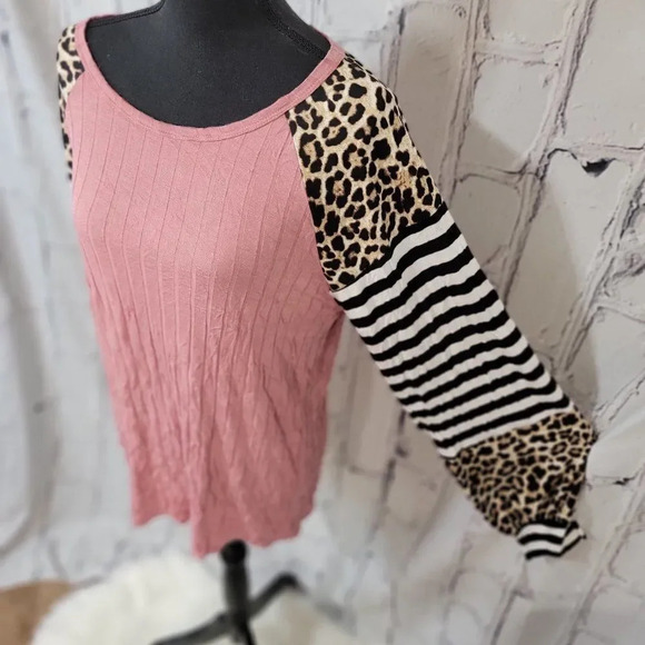 LONG Sleeve Pink‎ Leopard Print Striped Color Block Pullover Balloon Sleeve, M - Picture 3 of 7